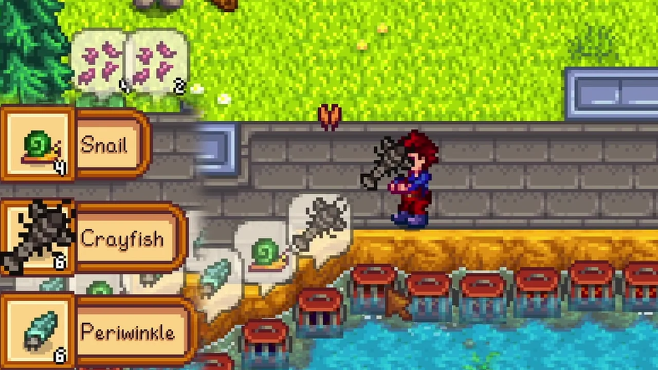 Stardew Valley: Harvesting catches from a row of Crab Pots