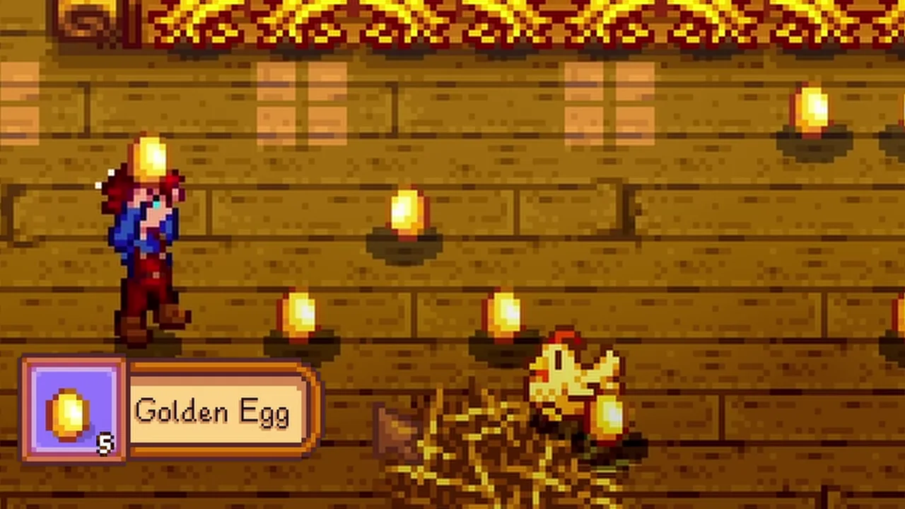 Stardew Valley: Golden chickens and eggs in a coop