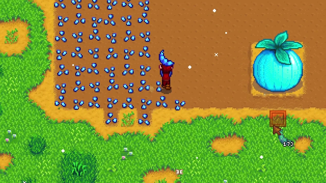 Stardew Valley: A giant crop beside the farmer
