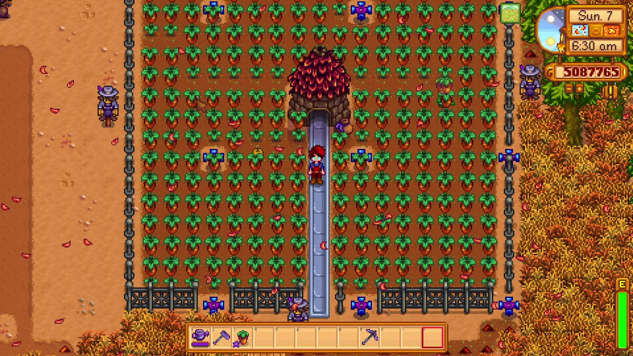 Stardew Valley: Junimos working in a Sweet Gem Berry field