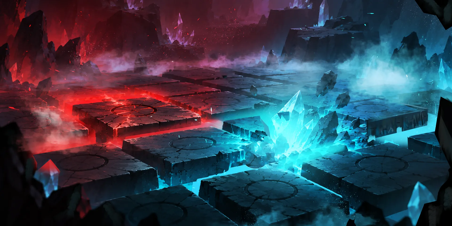 Minebreak cavern with glowing cyan crystals and red-lit stone tiles