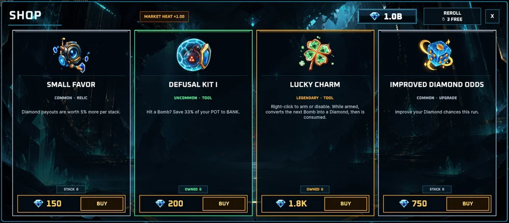 Minebreak shop offering Small Favor, Defusal Kit, Lucky Charm and Improved Diamond Odds