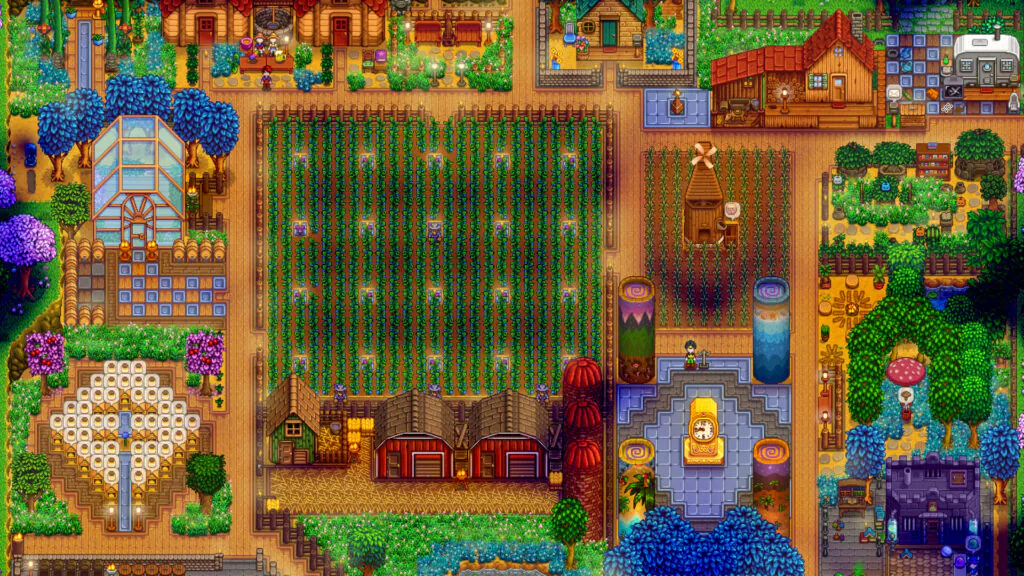 MGaud’s decorated Stardew Valley farm with crops, barns, paths and a farmhouse