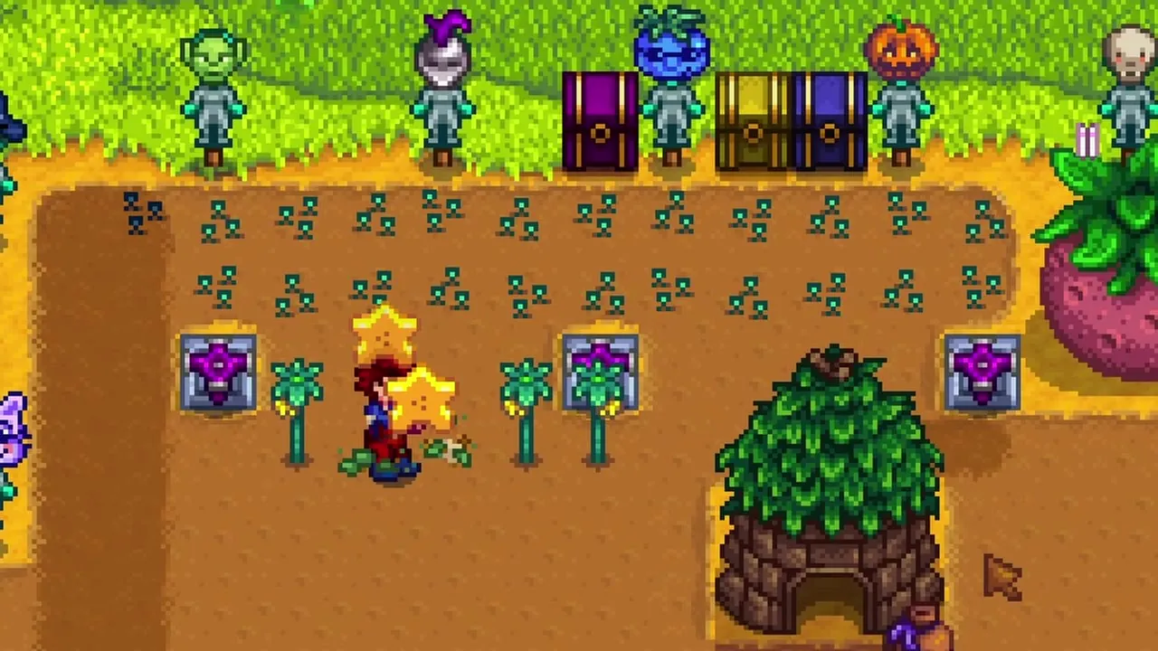 Stardew Valley do's and don'ts: farmer beside a small crop plot and Junimo hut