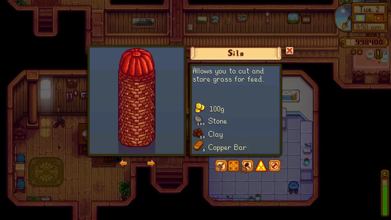 Stardew Valley: Silo cost and materials shown in Robin’s building menu