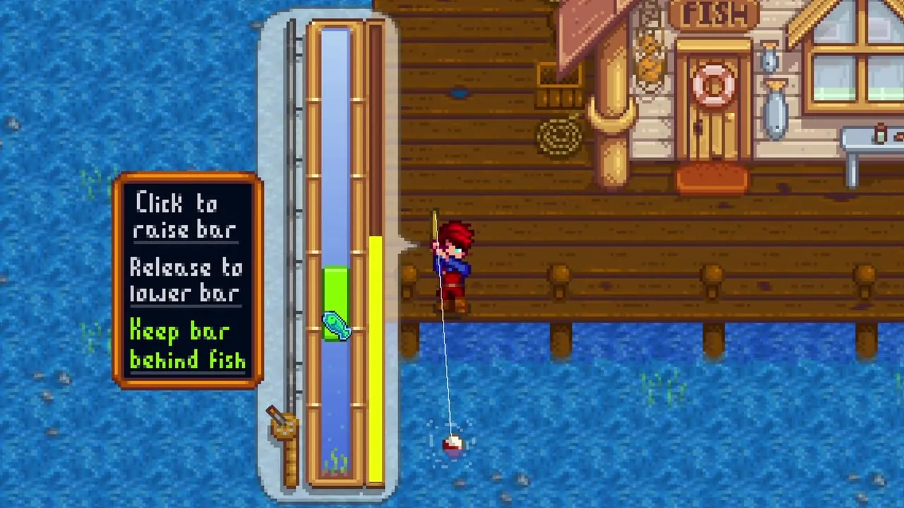 Stardew Valley: Fishing beside a wooden dock