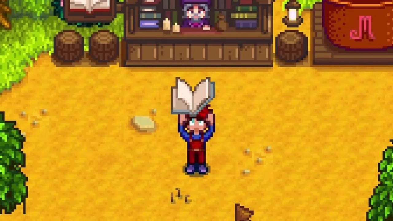 Stardew Valley: The farmer reading a book outside