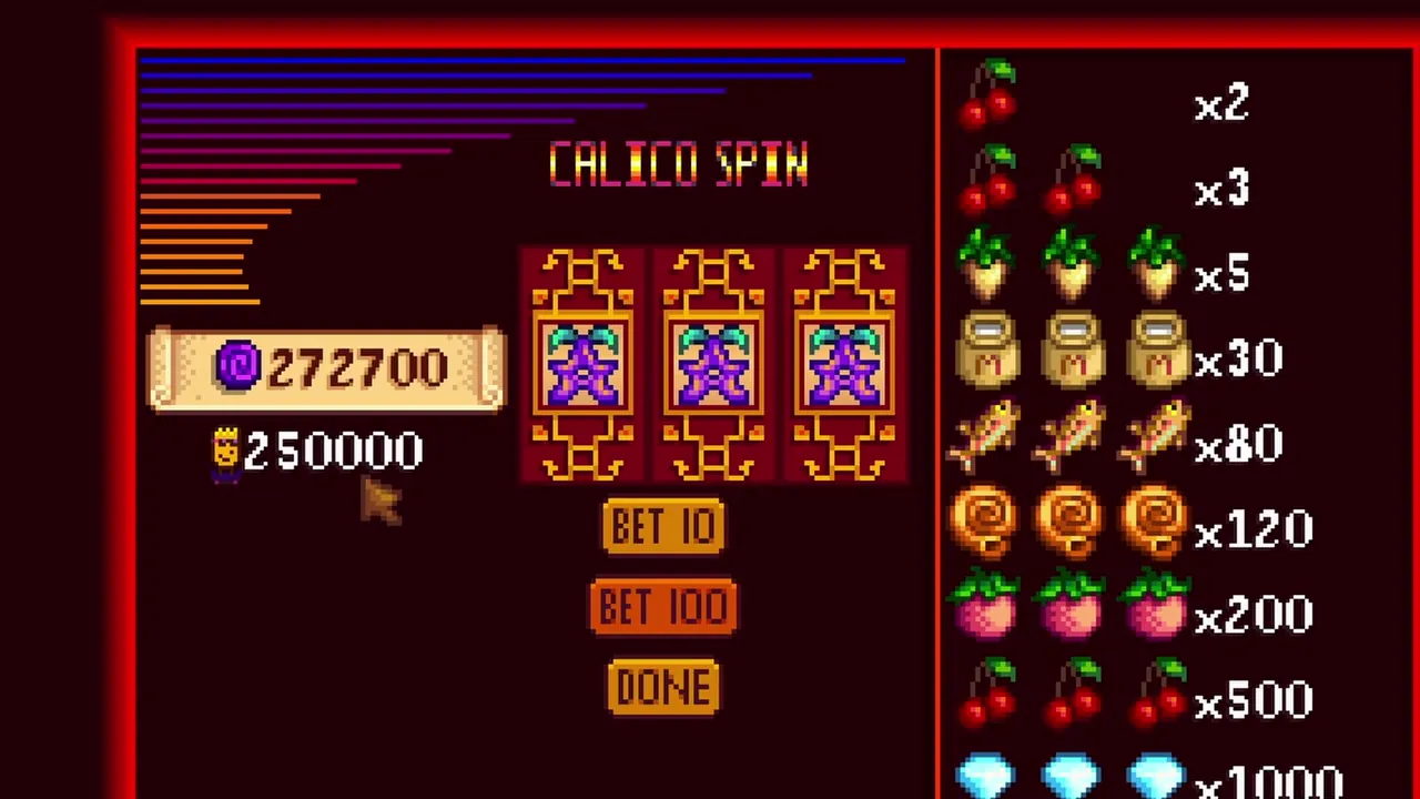 Stardew Valley: The Calico Spin slot-machine screen