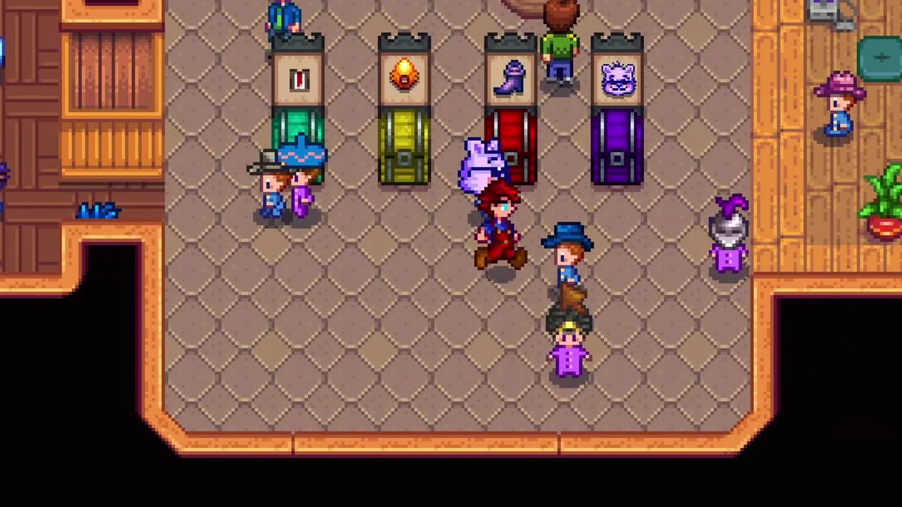 Characters wearing hats beside storage chests in the Things to Never Do in Stardew Valley video