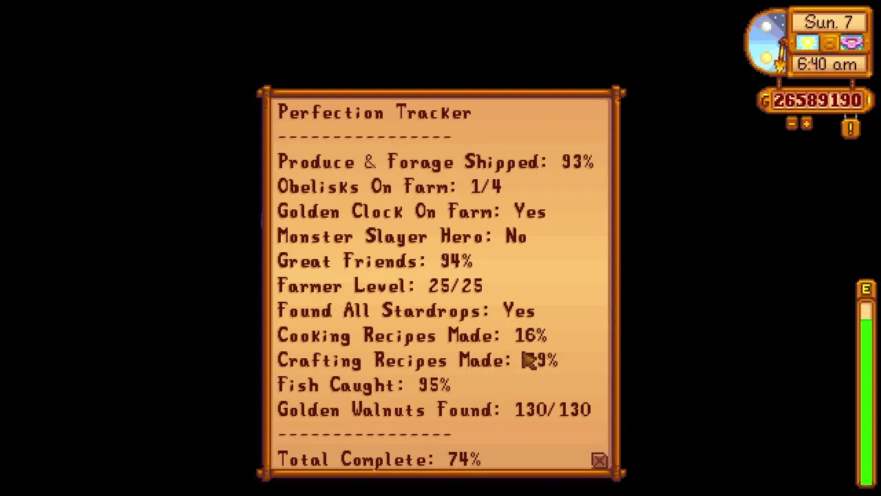 Stardew Valley: The Perfection tracking screen
