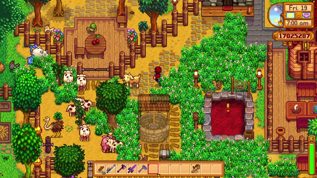 Stardew Valley: Paths and animal buildings on a developed farm