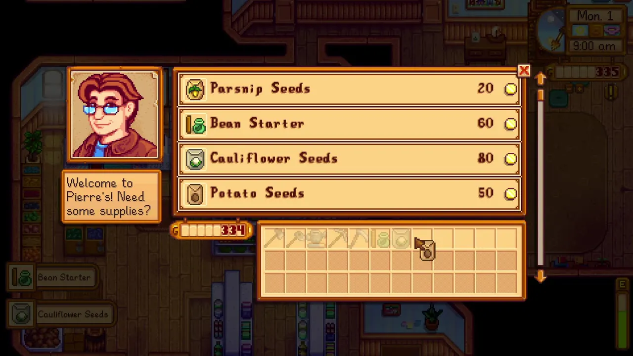 Stardew Valley: Buying seeds at Pierre's shop