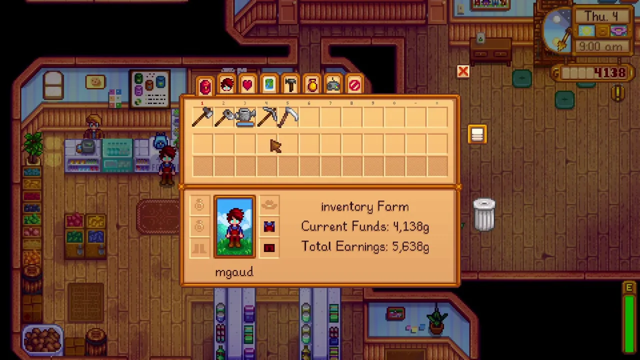 Stardew Valley: Inventory slots and the farmer's tools
