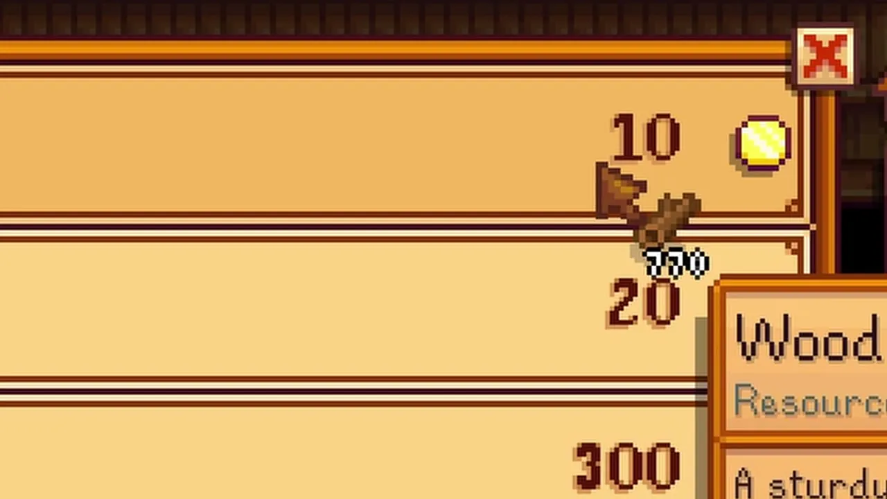 Stardew Valley: Wood priced at 10g in Robin's shop
