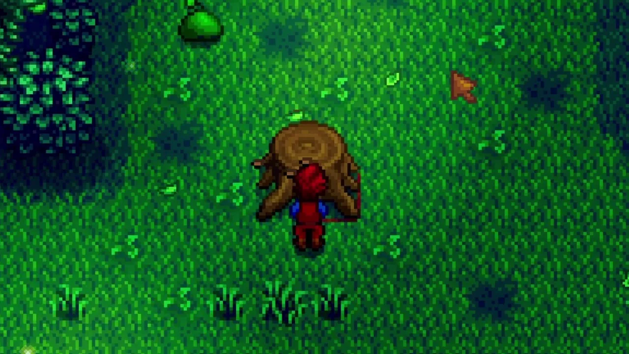 Stardew Valley: Chopping a large stump in the Secret Woods