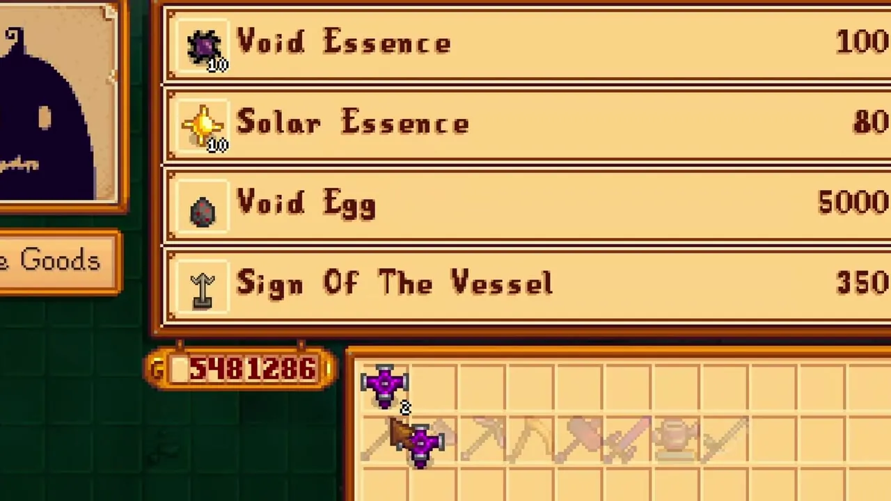 Stardew Valley: Browsing Krobus's shop inventory