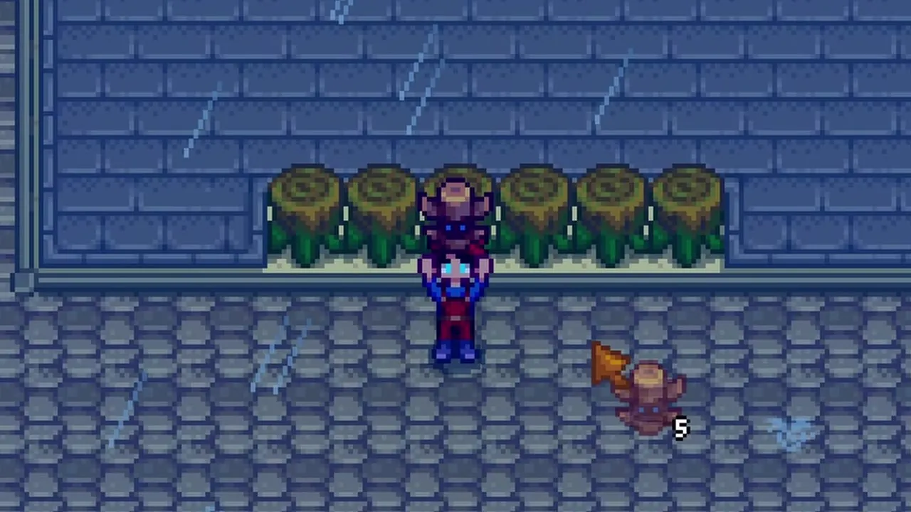 Stardew Valley: Rain falling around processing machines