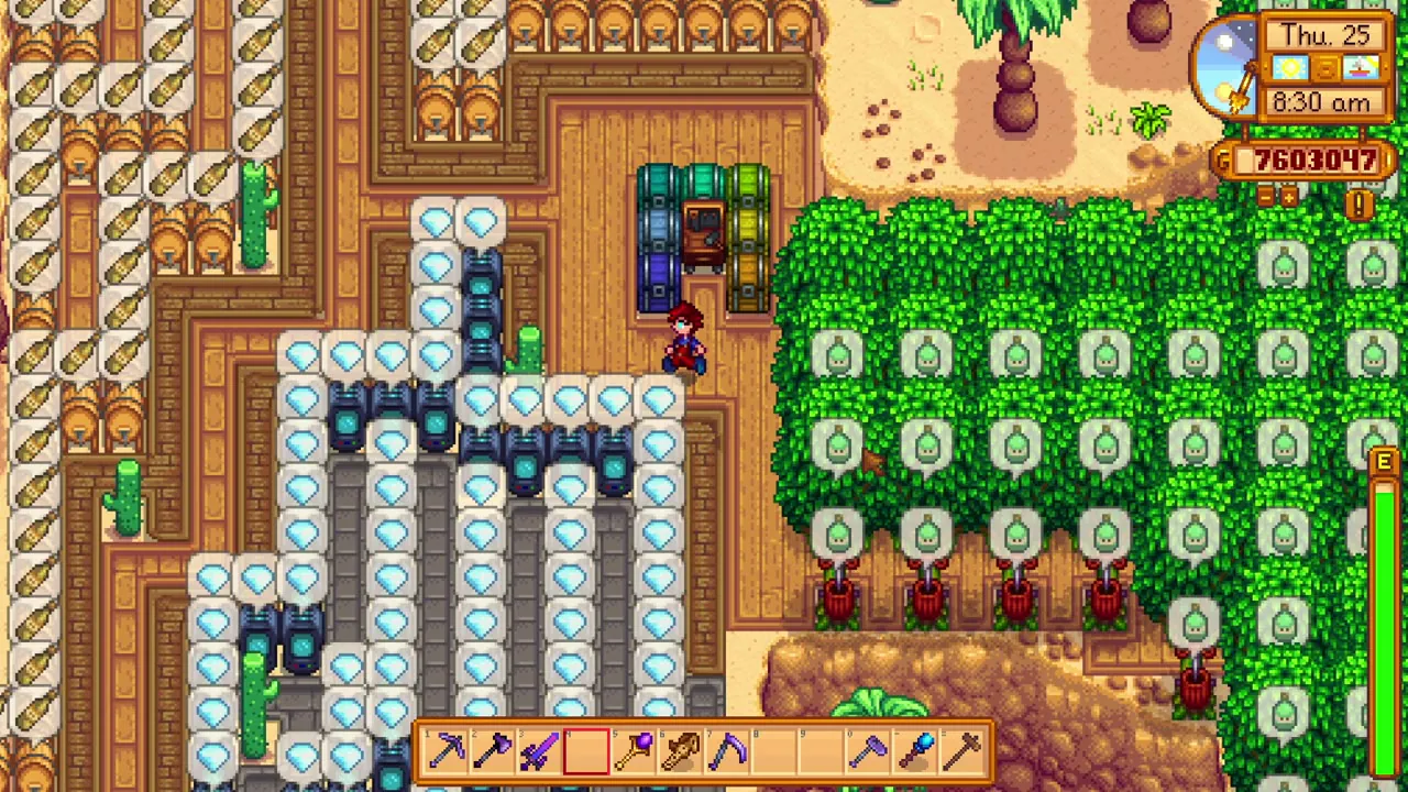 Stardew Valley: The farmer on Ginger Island beside crops and machines