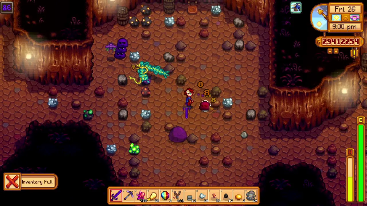 Stardew Valley: Monsters and rocks on a Skull Cavern floor
