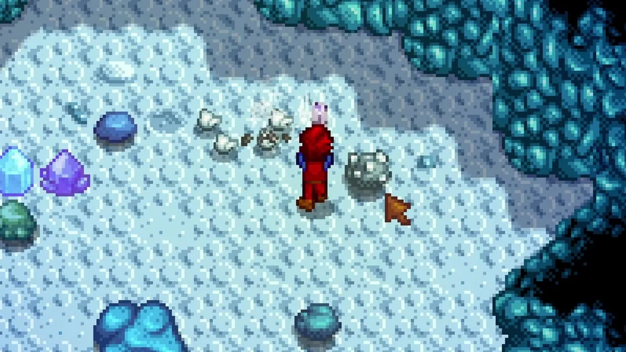 Stardew Valley: Mining rocks on an icy Mines floor