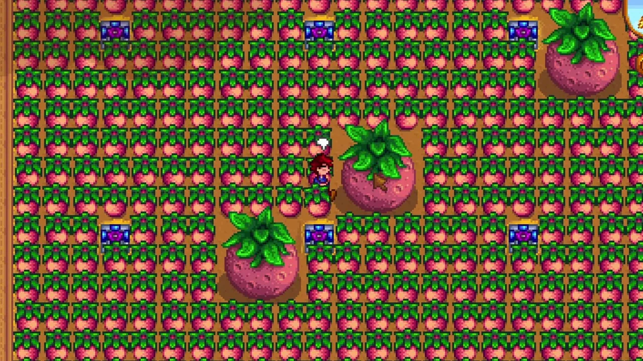Stardew Valley: A large crop field around a Junimo Hut