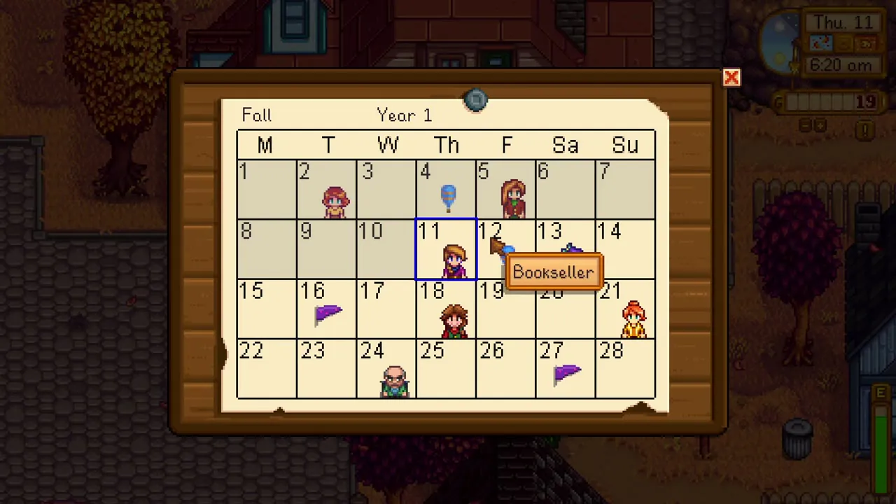 Stardew Valley: A calendar showing birthdays and Bookseller visits