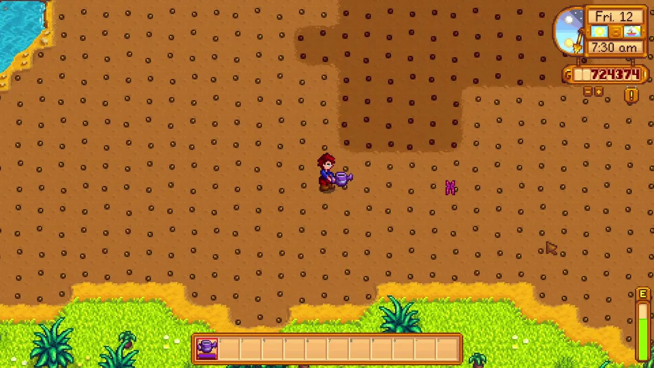 Stardew Valley: A tilled field with sprinkler coverage