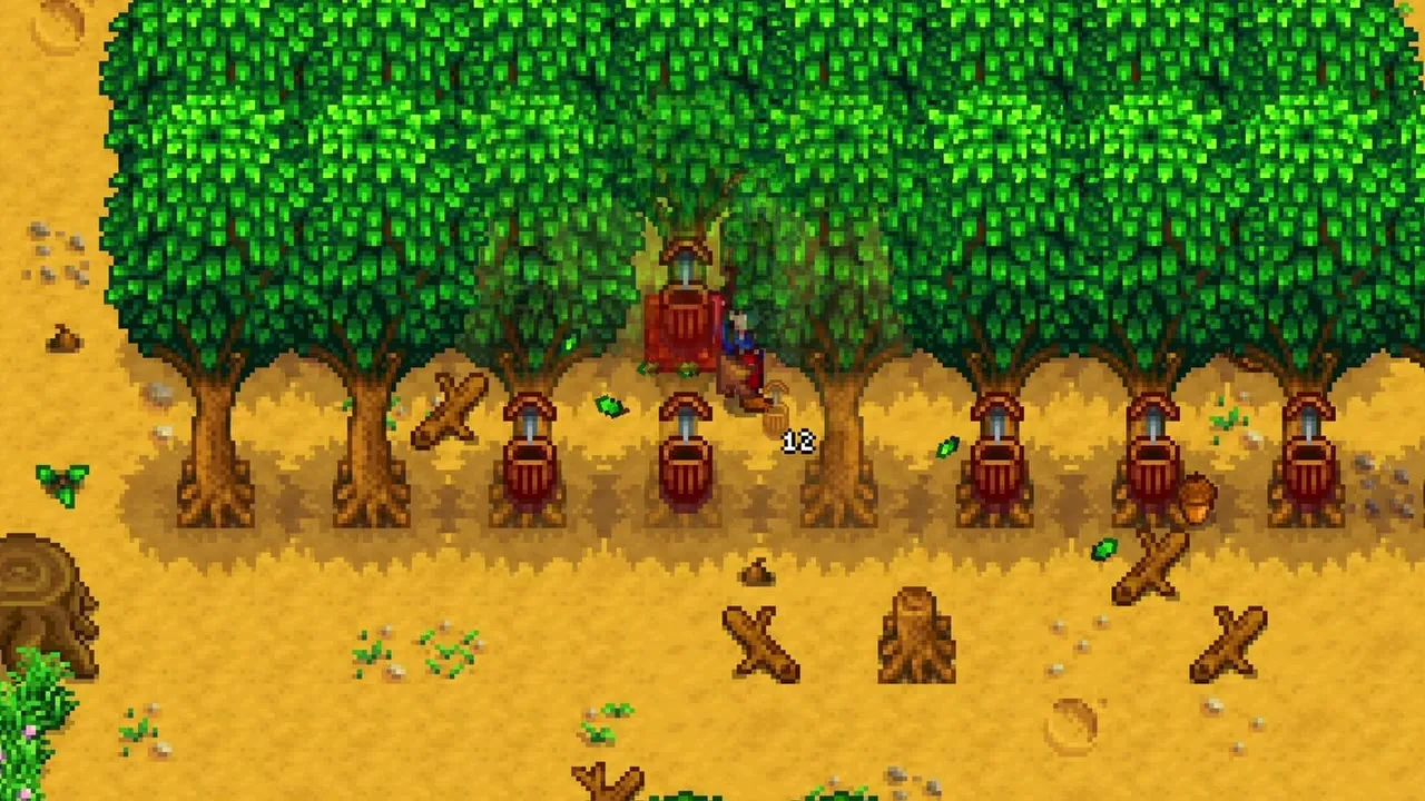 Stardew Valley: Oak trees fitted with tappers