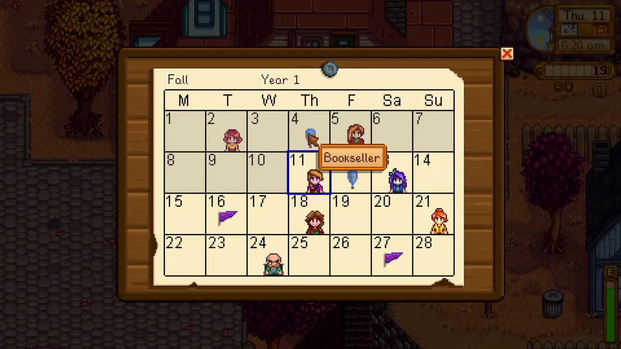 Stardew Valley: A calendar showing upcoming events