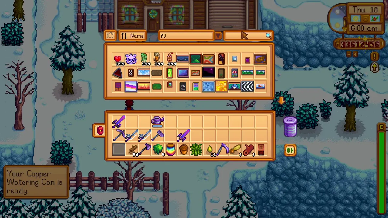 Stardew Valley: An inventory and chest during winter