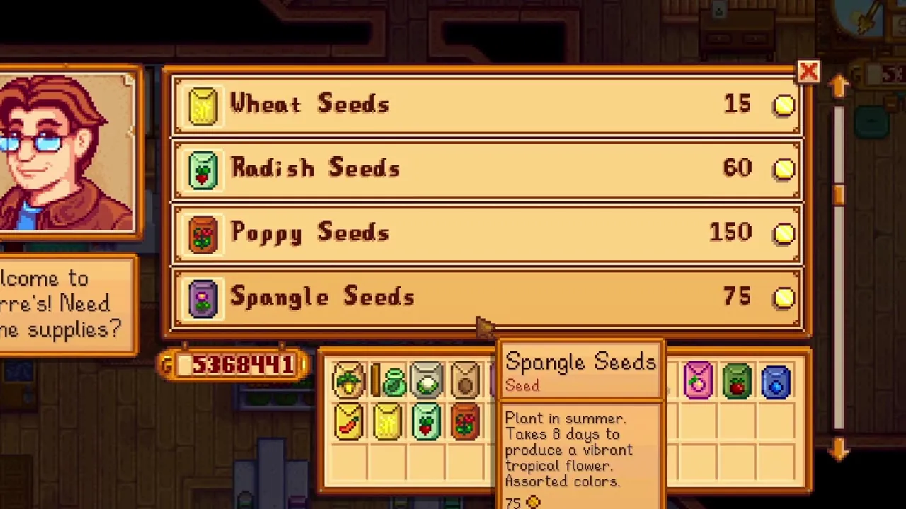 Stardew Valley: Browsing seasonal seeds at Pierre's shop