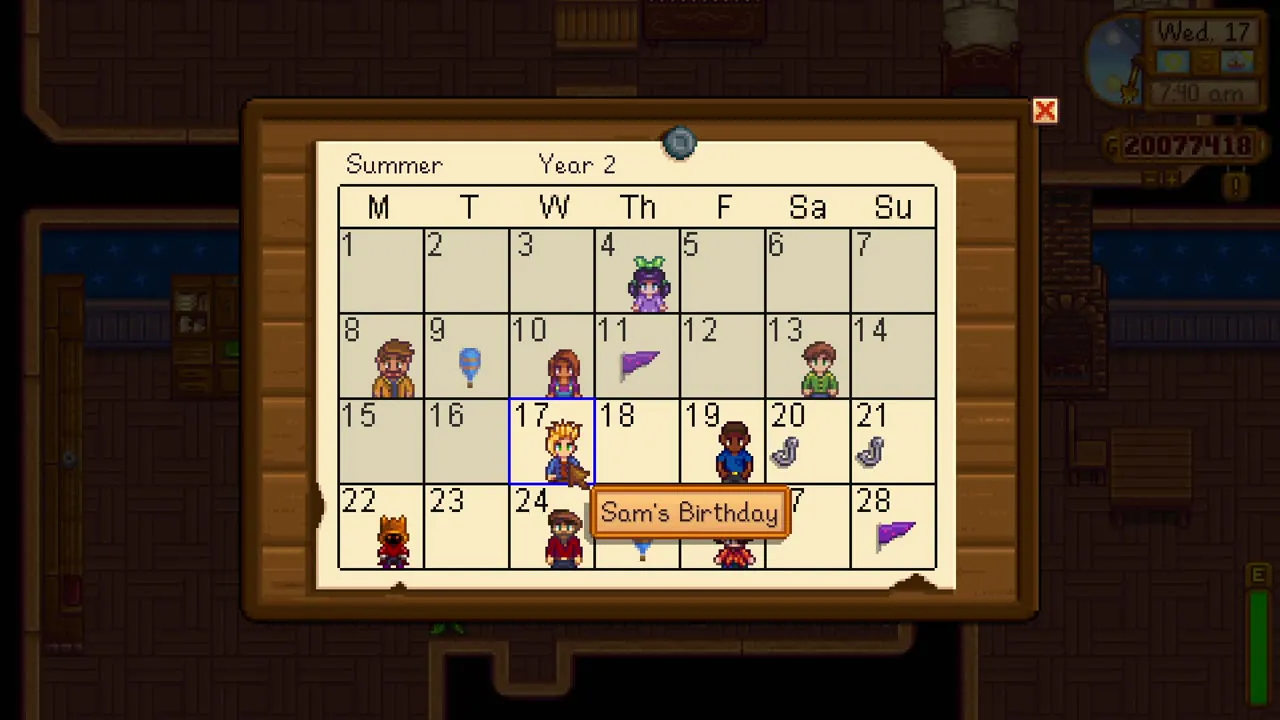 Stardew Valley: The summer calendar showing birthdays