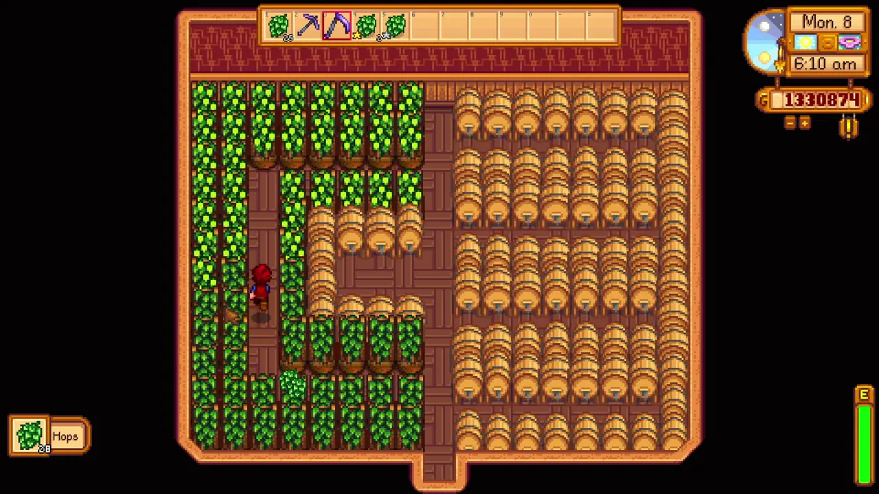 Stardew Valley: Hops and kegs sharing a production shed