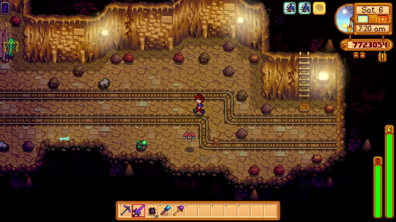 Stardew Valley: A minecart floor during a Skull Cavern run