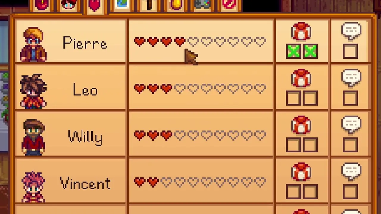 Stardew Valley: The friendship menu showing villagers' hearts