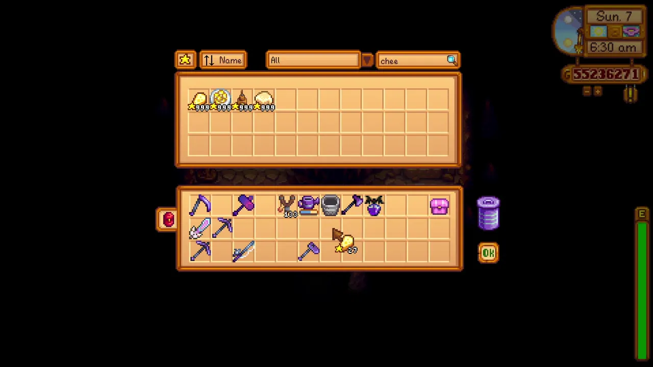 Stardew Valley: Equipment and items displayed in the inventory