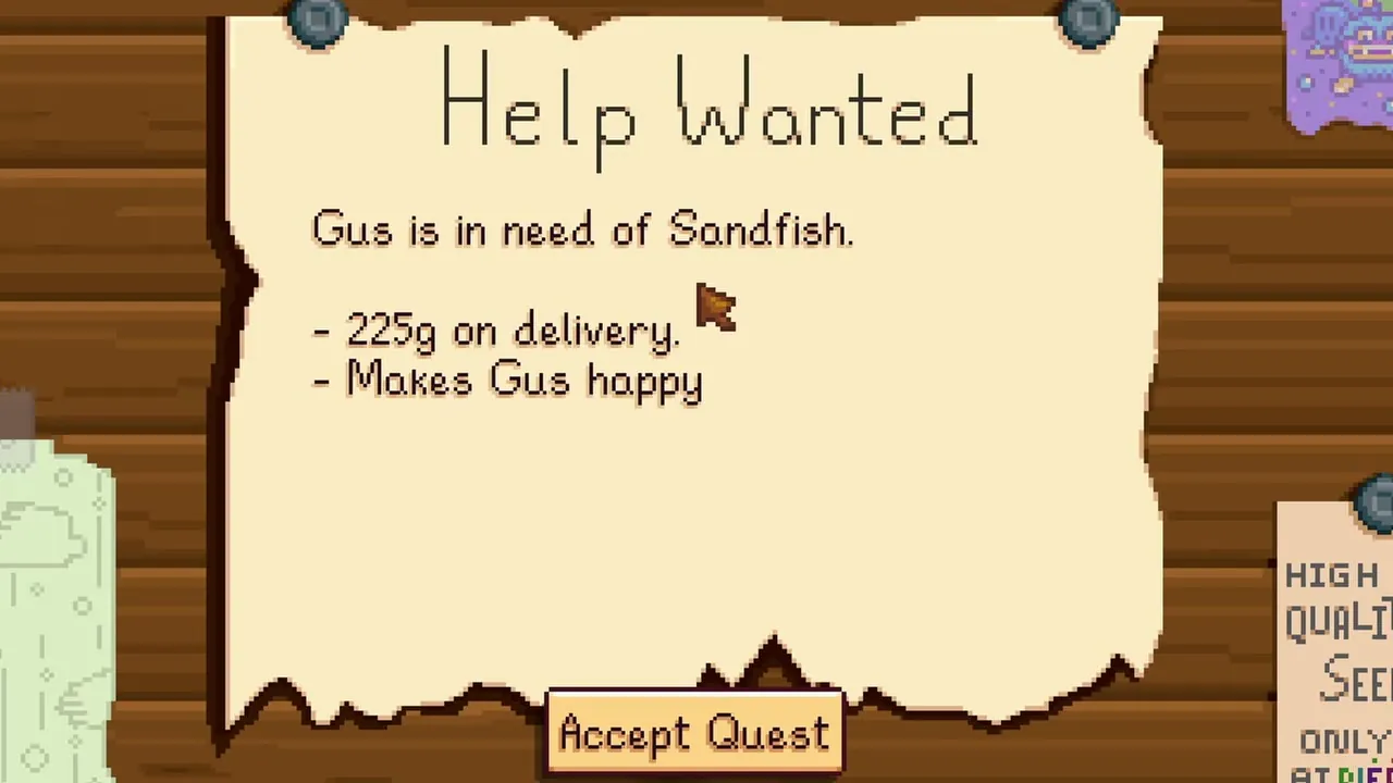 Stardew Valley: A Help Wanted request for a Sandfish