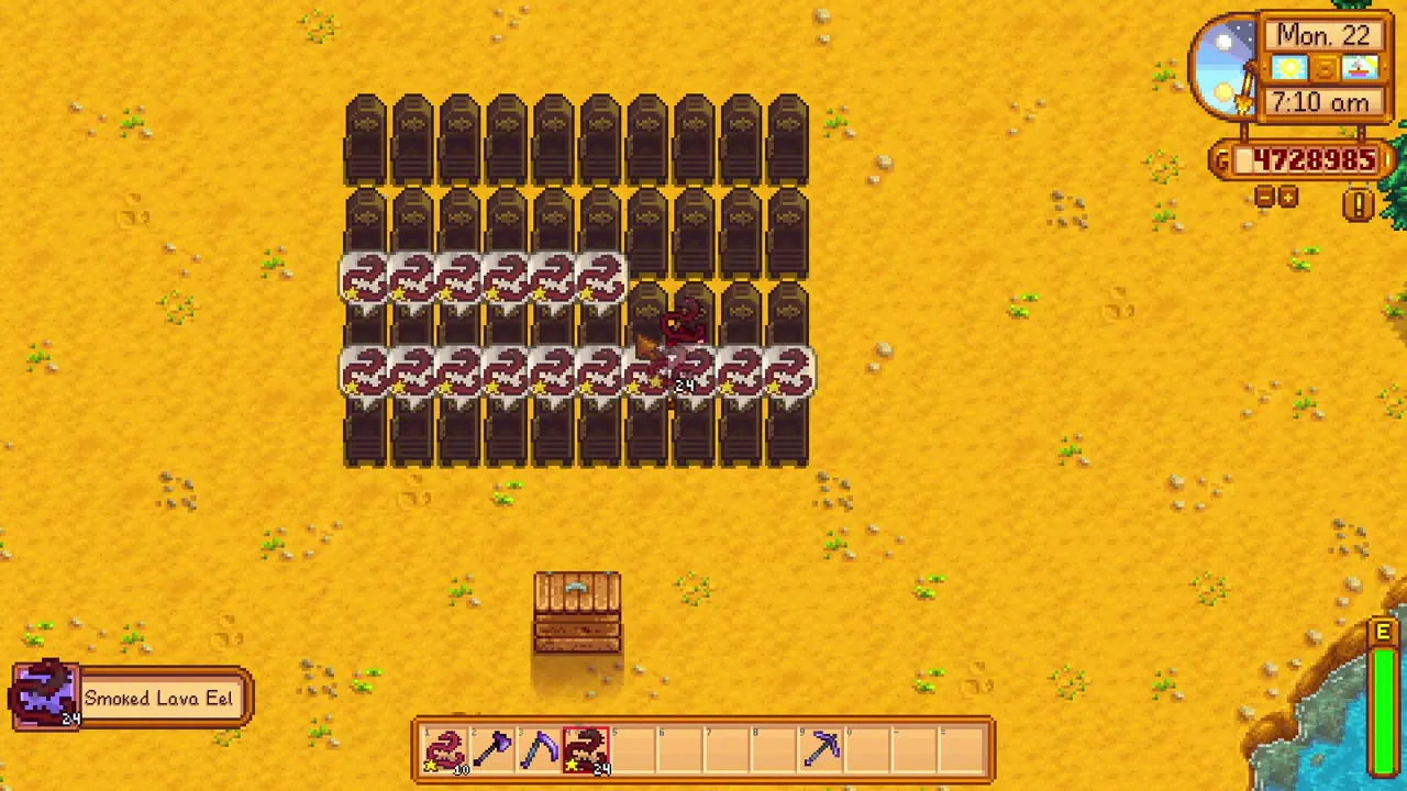 Stardew Valley: Fish Smokers processing a row of catches