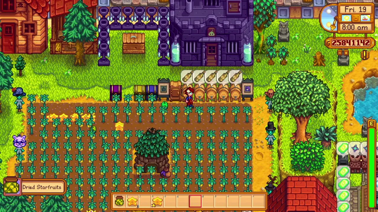Stardew Valley: Dehydrators processing fruit beside the crop field