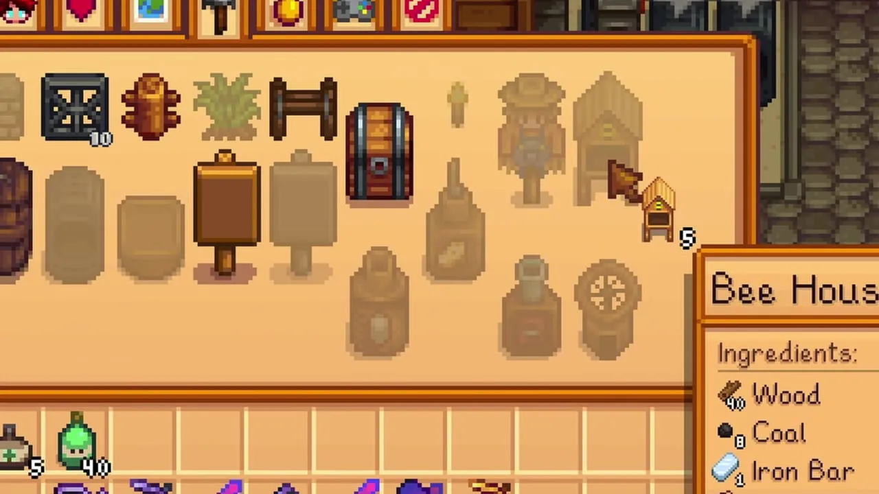 Stardew Valley: Bee House selected in the crafting menu