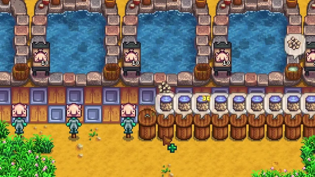 Stardew Valley: Fish ponds beside roe-processing equipment