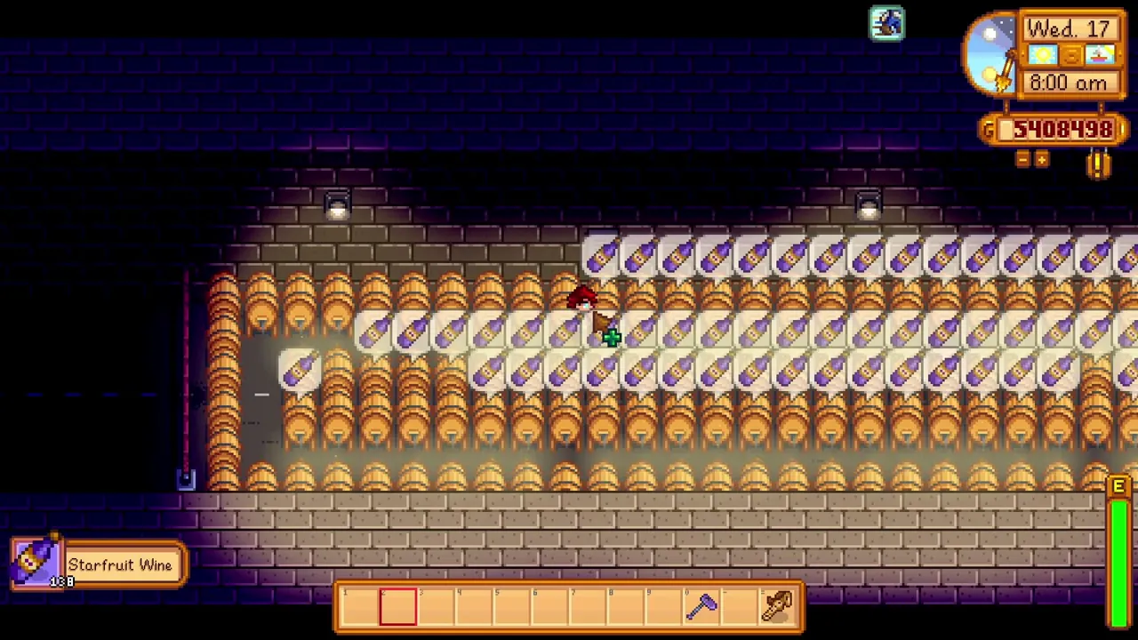 Stardew Valley: Starfruit Wine ready in rows of kegs