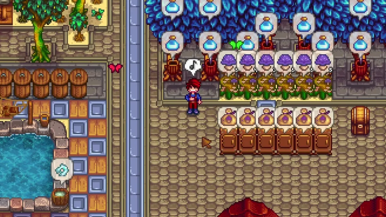 Stardew Valley: Tapped Mystic Trees beside mushroom-processing equipment