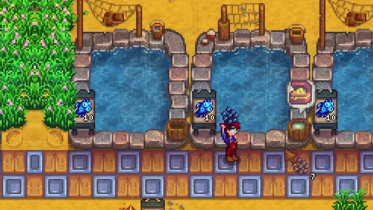 Stardew Valley: Fish ponds arranged beside paths and crops
