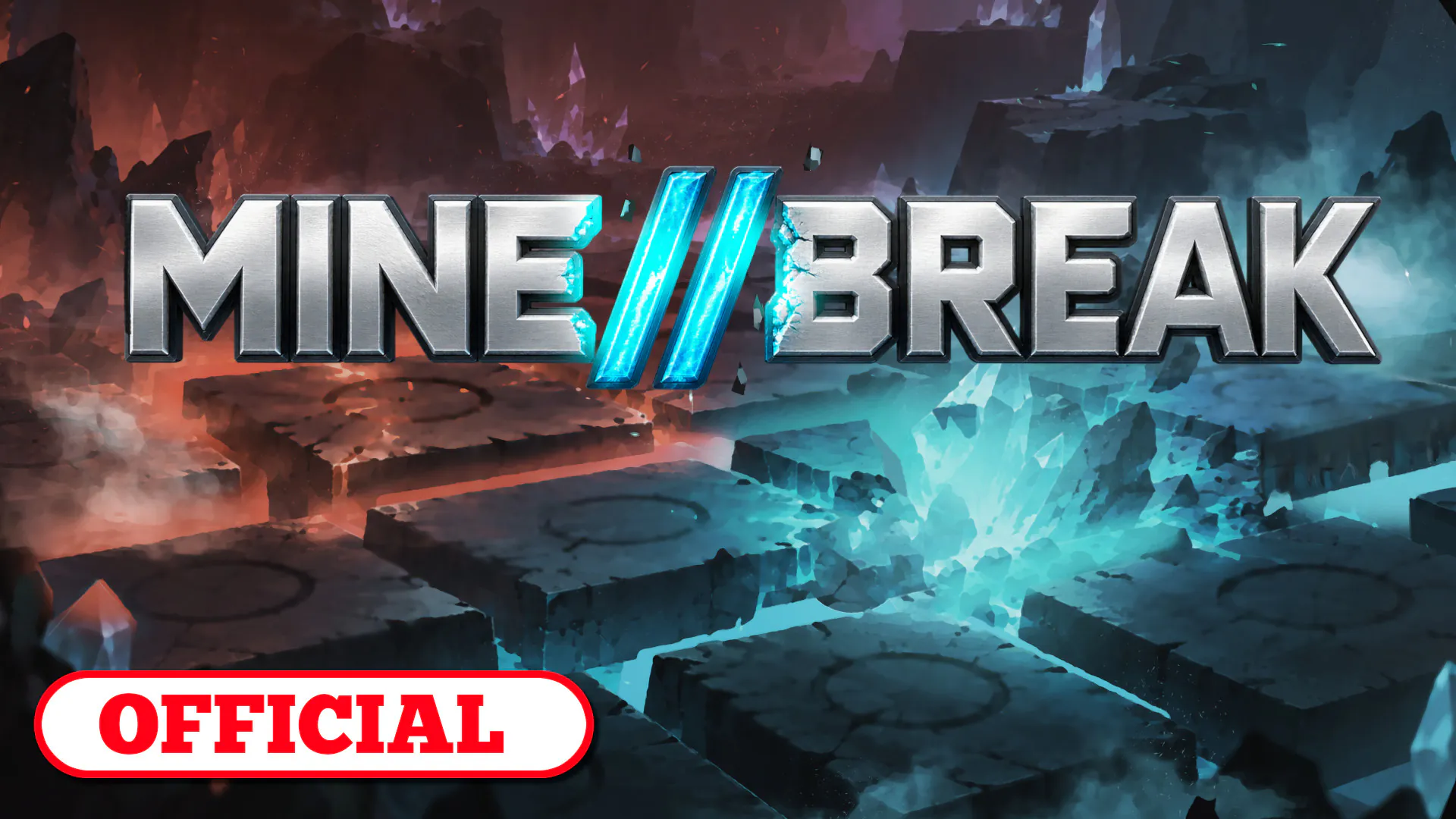 Minebreak announcement trailer thumbnail with the game logo above red and cyan crystal tiles